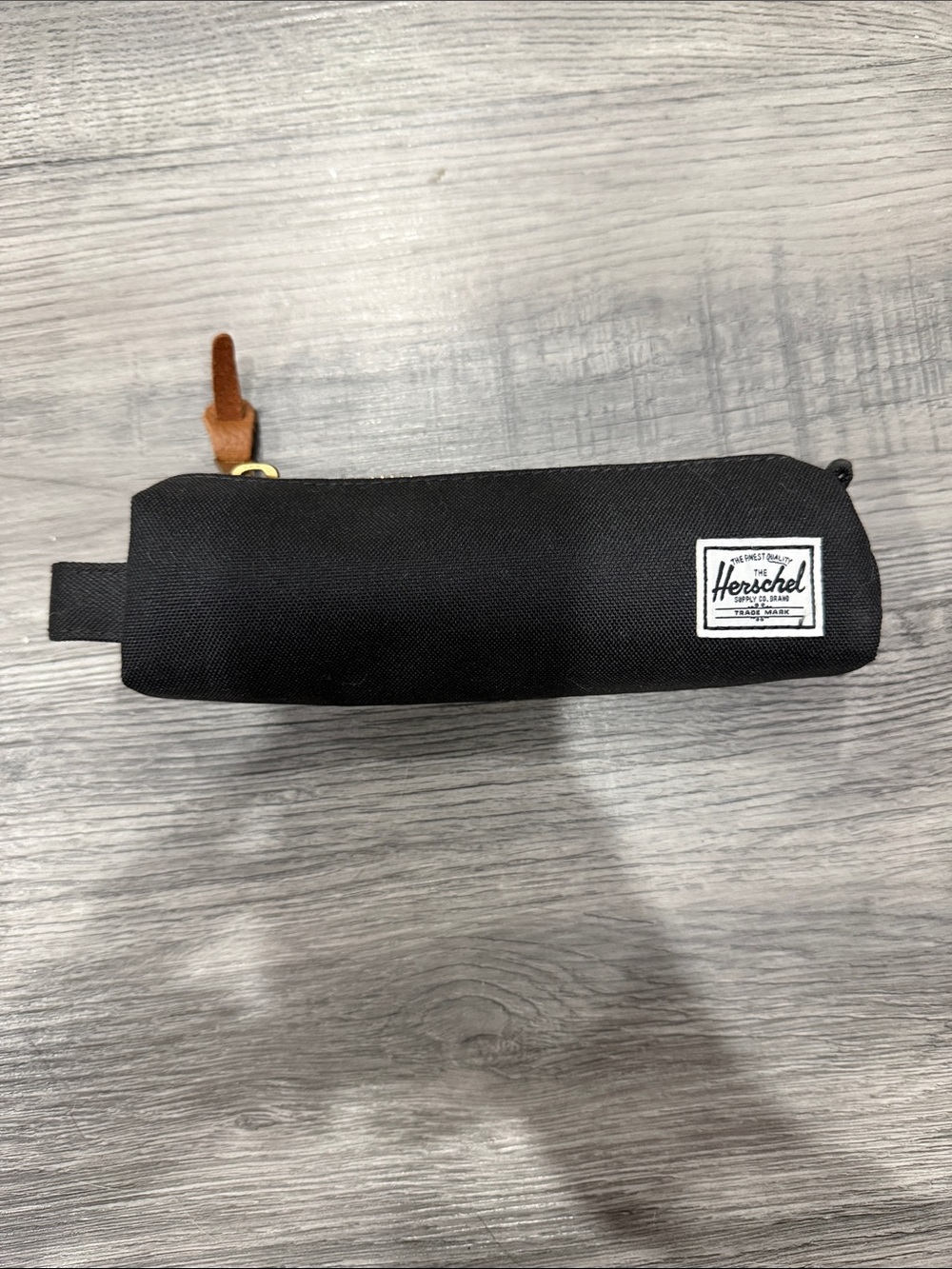 Herschel Supply Company Black Pencil Case with Brown Leather Pull